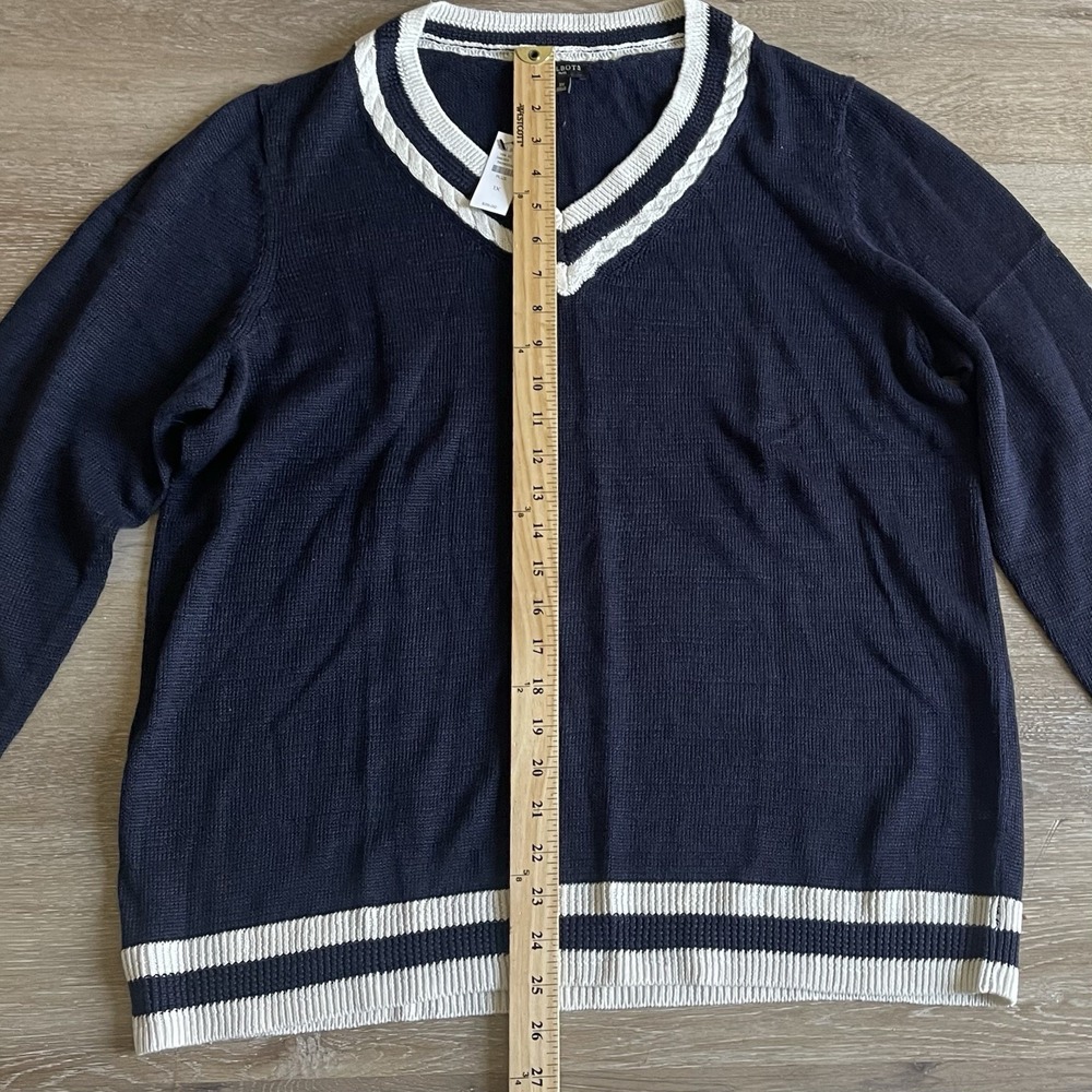 Talbots Linen V-Neck Sweater 1X Navy White Lightweight Summer Pullover NWT $99 - Picture 3 of 7